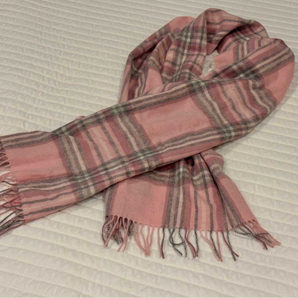 Barbour Pink and Gray Plaid Wool Scarf Wrap